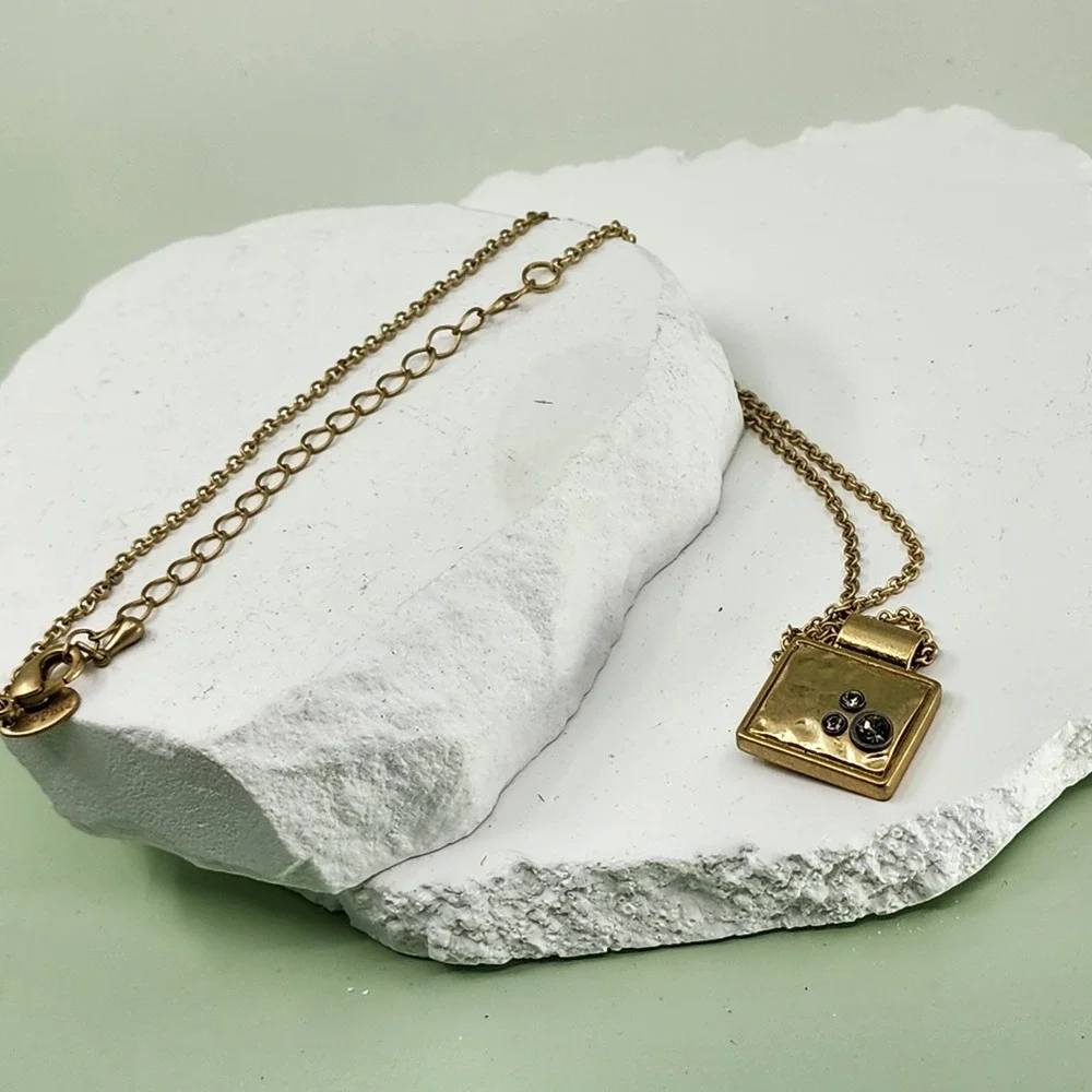 Lia Sophia Gold Tone Square Pendant Necklace Smoky Crystal Geometric Statement